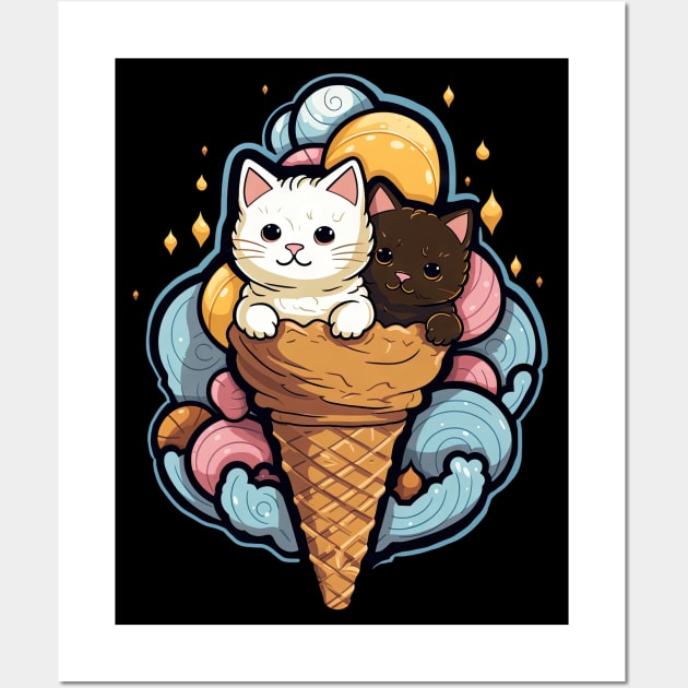 Pink & Blue Cat Ice-Cream Delight: Doodle Art Flat Color Wall Art by YUED